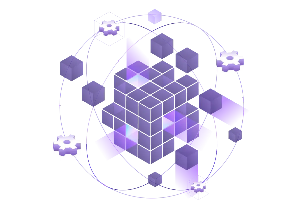 A stylized image of a purple cube surrounded by smaller cubes.