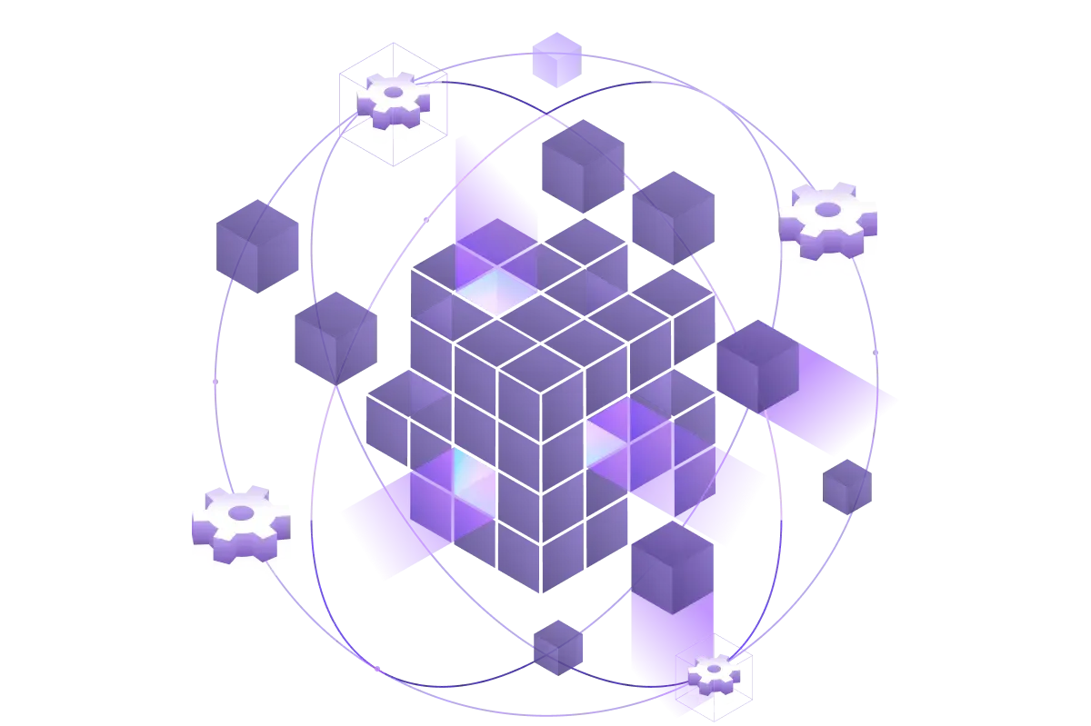 A stylized image of a purple cube surrounded by smaller cubes.