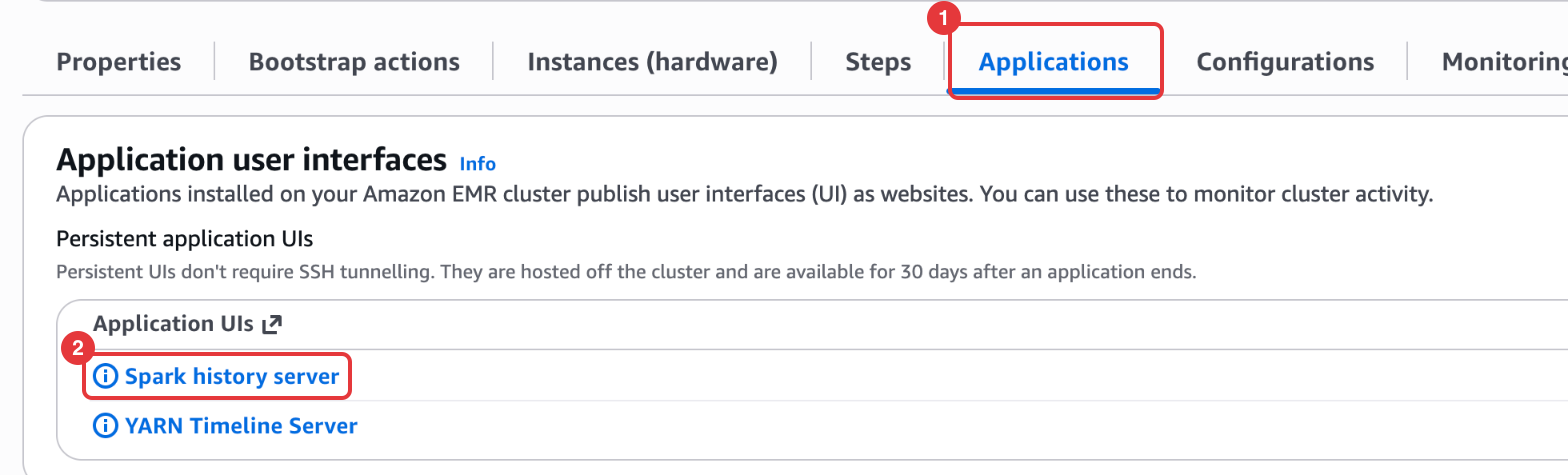 EMR cluster details page with the Applications tab selected and the Spark history server link highlighted under Persistent application UIs.
