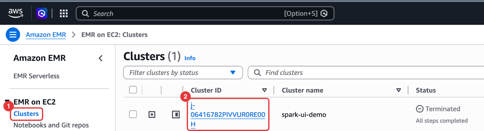 Amazon EMR console with Clusters selected under EMR on EC2 in the left menu and the cluster ID link highlighted in the clusters list.