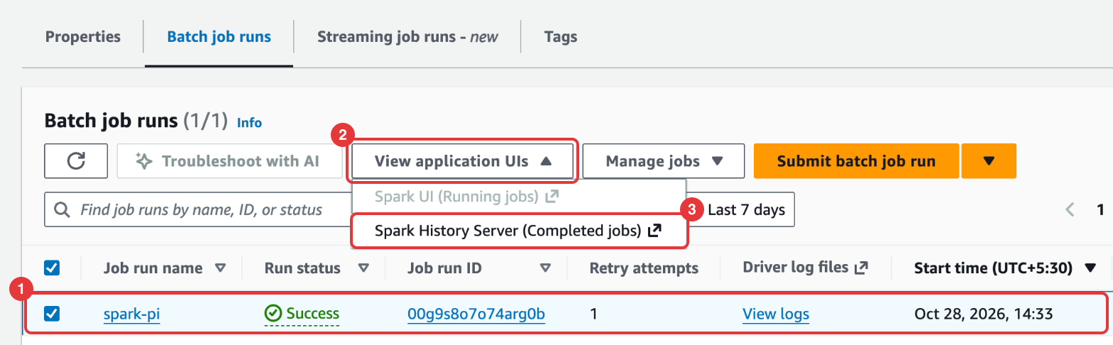 EMR Studio Batch job runs tab with the spark-pi job run selected and the View application UIs menu open, showing Spark UI (Running jobs) and Spark History Server (Completed jobs).