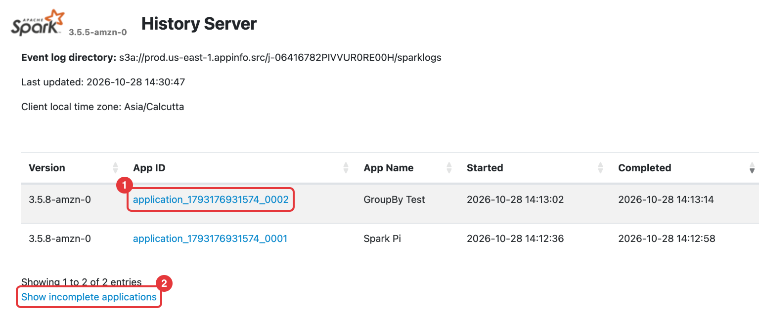 Spark History Server on Amazon EMR listing two completed applications, GroupBy Test and Spark Pi, with one App ID highlighted and the Show incomplete applications link highlighted.