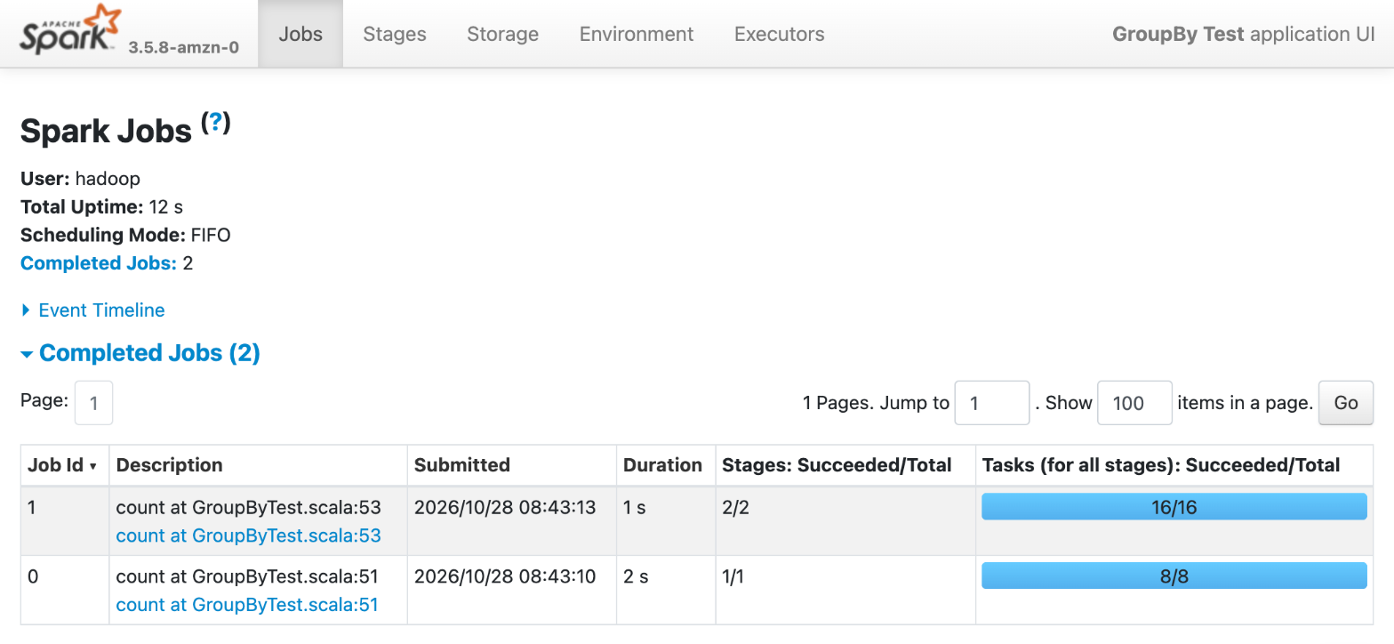The Spark UI Jobs tab for the GroupBy Test application on Amazon EMR, showing two completed jobs with their durations, stages and tasks.