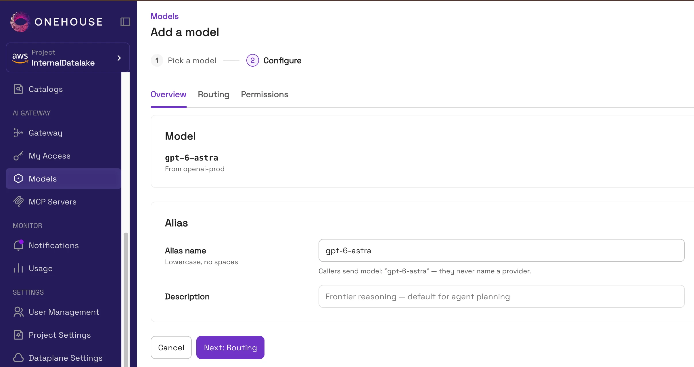Configure a model alias, routing, and permissions