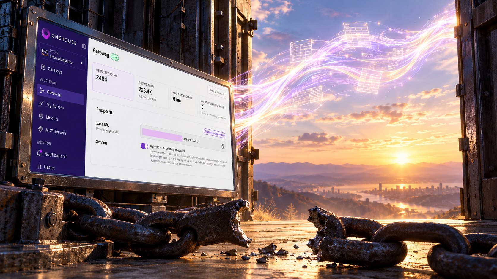 A Onehouse AI Gateway control screen beside a broken iron chain, with luminous data streams flowing through an open vault doorway toward sunrise.
