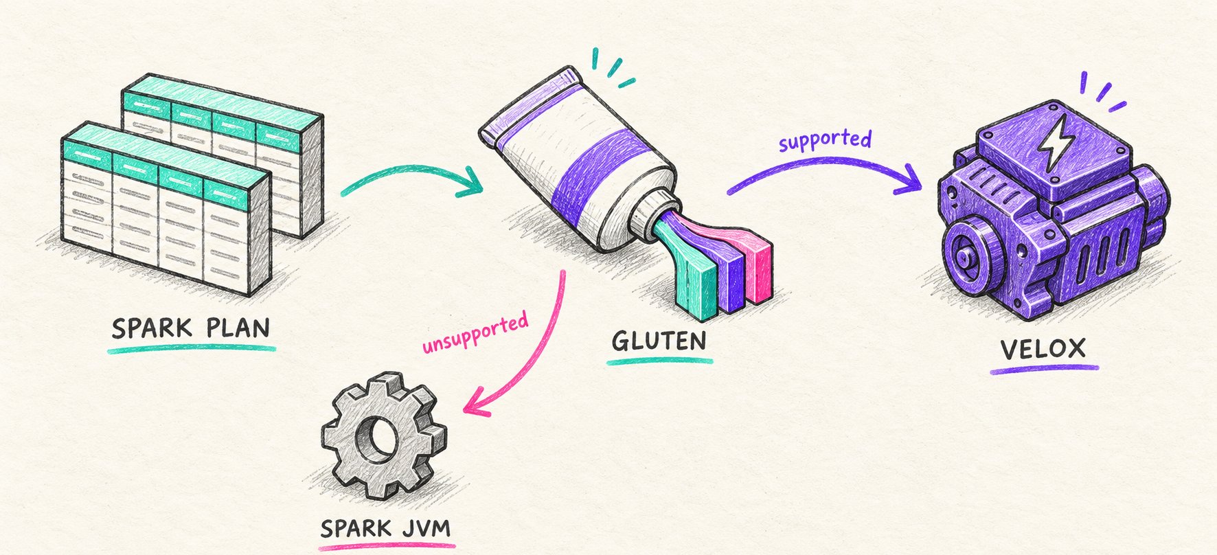Diagram: a Spark plan flows into Gluten. Supported operators go on to the Velox engine; unsupported ones fall back to the Spark JVM.