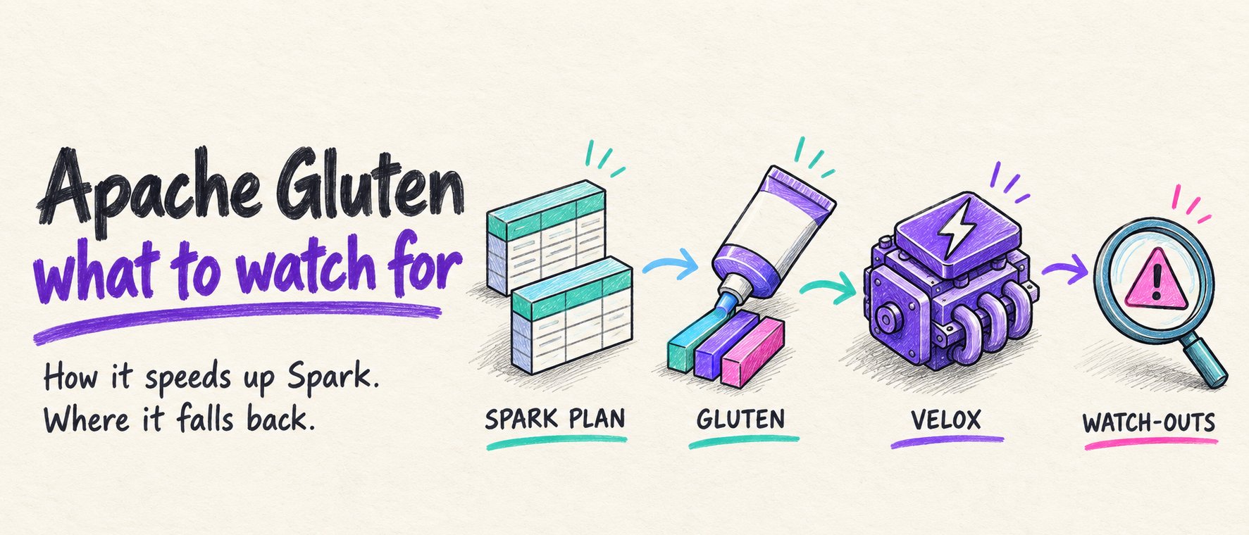 Apache Gluten: what to watch for. A Spark plan flows through a Gluten tube into the Velox engine, ending at a magnifying glass marked watch-outs.
