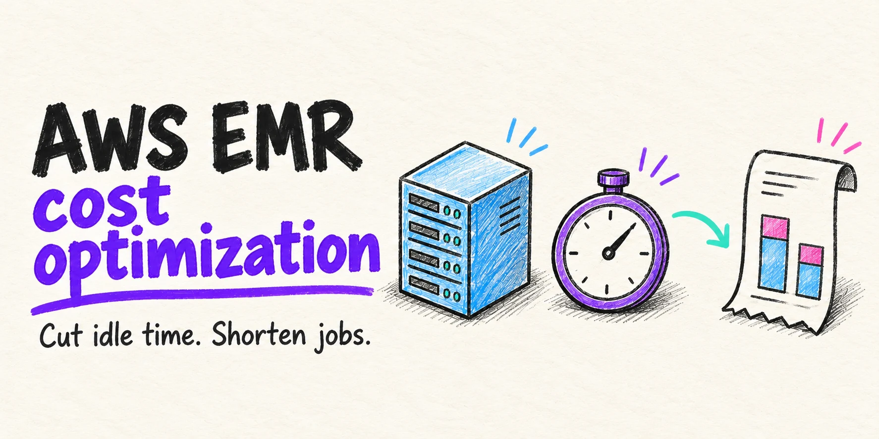 AWS EMR cost optimization: Cut idle time. Shorten jobs. Hand-drawn server, stopwatch and bill illustrating lower compute costs.