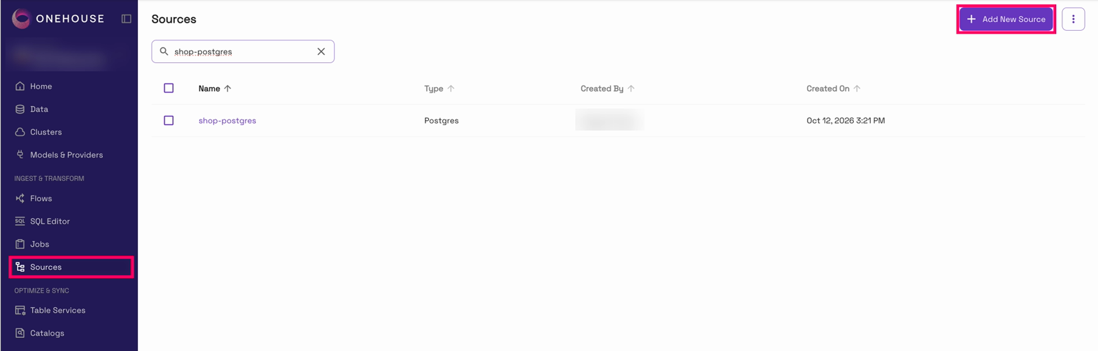 The Sources page: Sources in the left nav and the Add New Source button