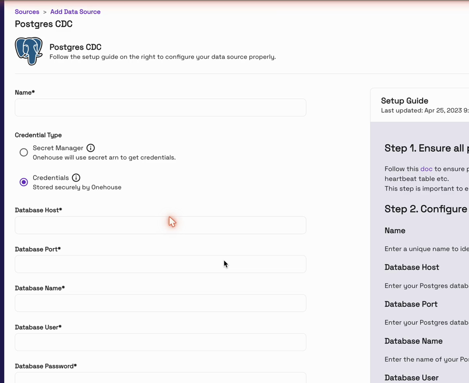The Postgres CDC source form: name, credentials, database host, port, name, user and password