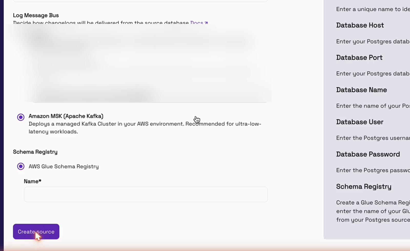 The source form: Amazon MSK, AWS Glue Schema Registry and the Create source button