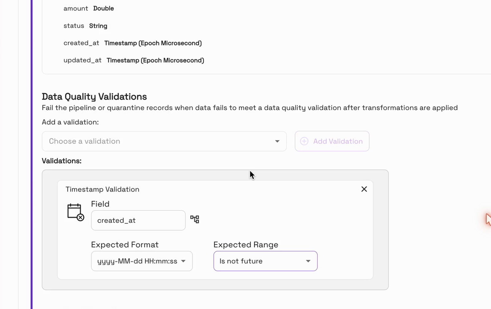 Timestamp Validation: field created_at, format yyyy-MM-dd HH:mm:ss, expected range Is not future