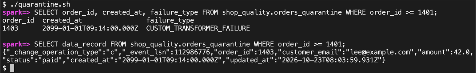 Spark: order 1403 in the quarantine table, with its failure type and the original record