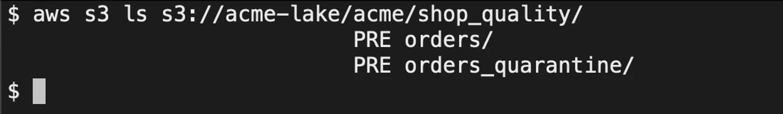 S3: orders and orders_quarantine side by side in the shop_quality folder