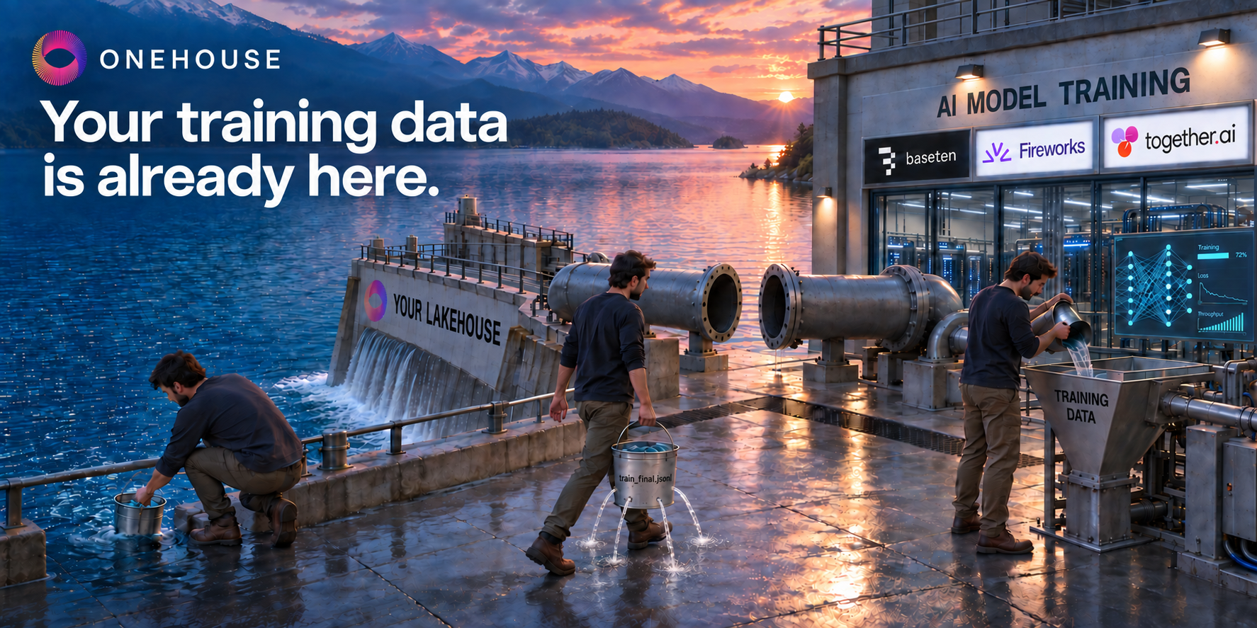 The same engineer fills, carries and pours a leaking bucket of training data from a Onehouse-branded lakehouse into a training facility displaying Baseten, Fireworks and Together AI logos, beside a disconnected pipeline.