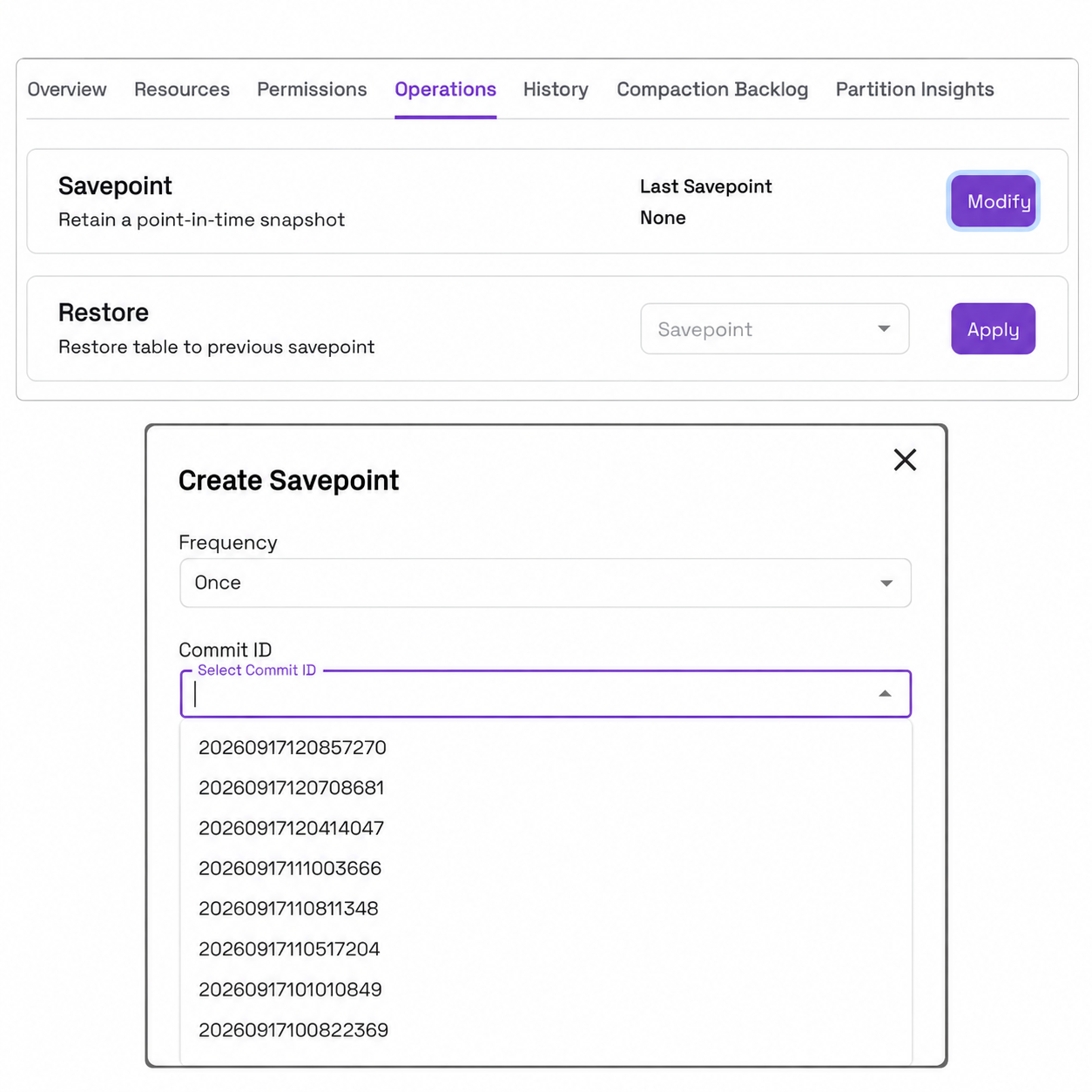 Onehouse Operations tab showing Savepoint and Restore controls, followed by the Create Savepoint dialog with a historical commit selector.