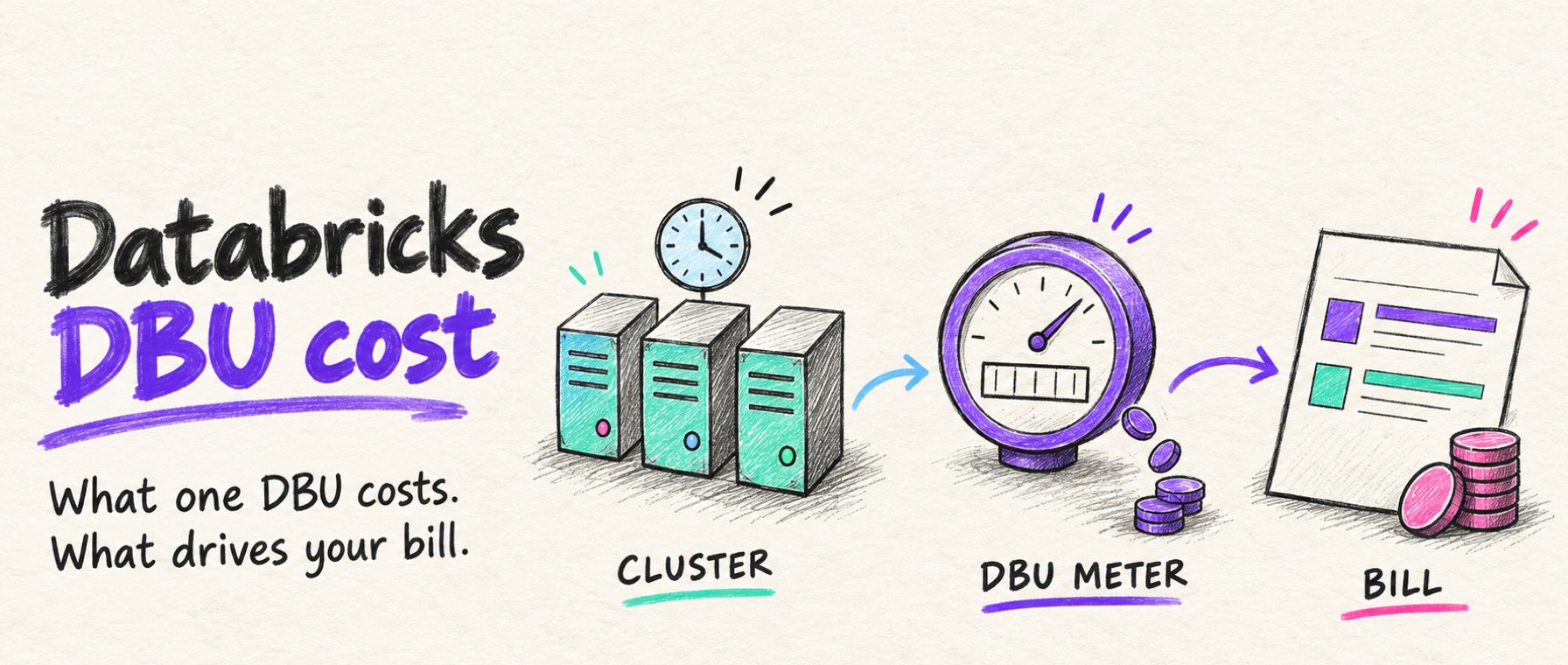 Databricks DBU cost: what one DBU costs and what drives your bill. A cluster feeds a DBU meter that adds up to a bill.