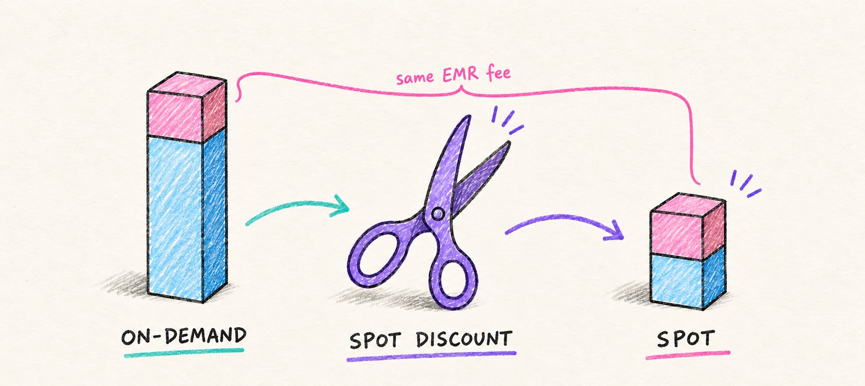 Diagram: an on-demand instance bar split into EC2 cost and EMR fee is cut by a Spot discount; the Spot bar is much shorter, but the EMR fee portion is the same size.