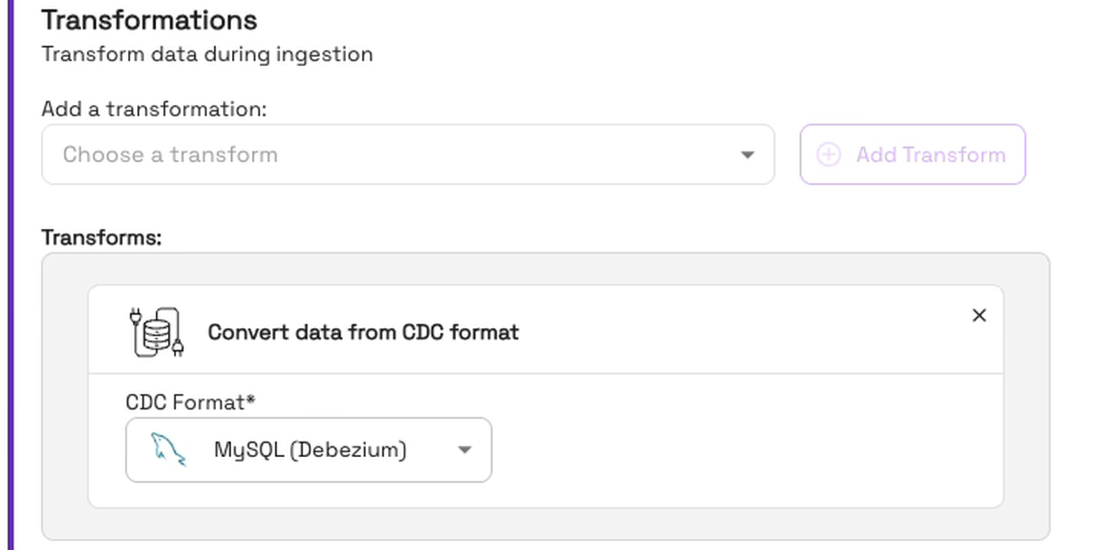 Table configuration: the Convert data from CDC format transformation, added for you