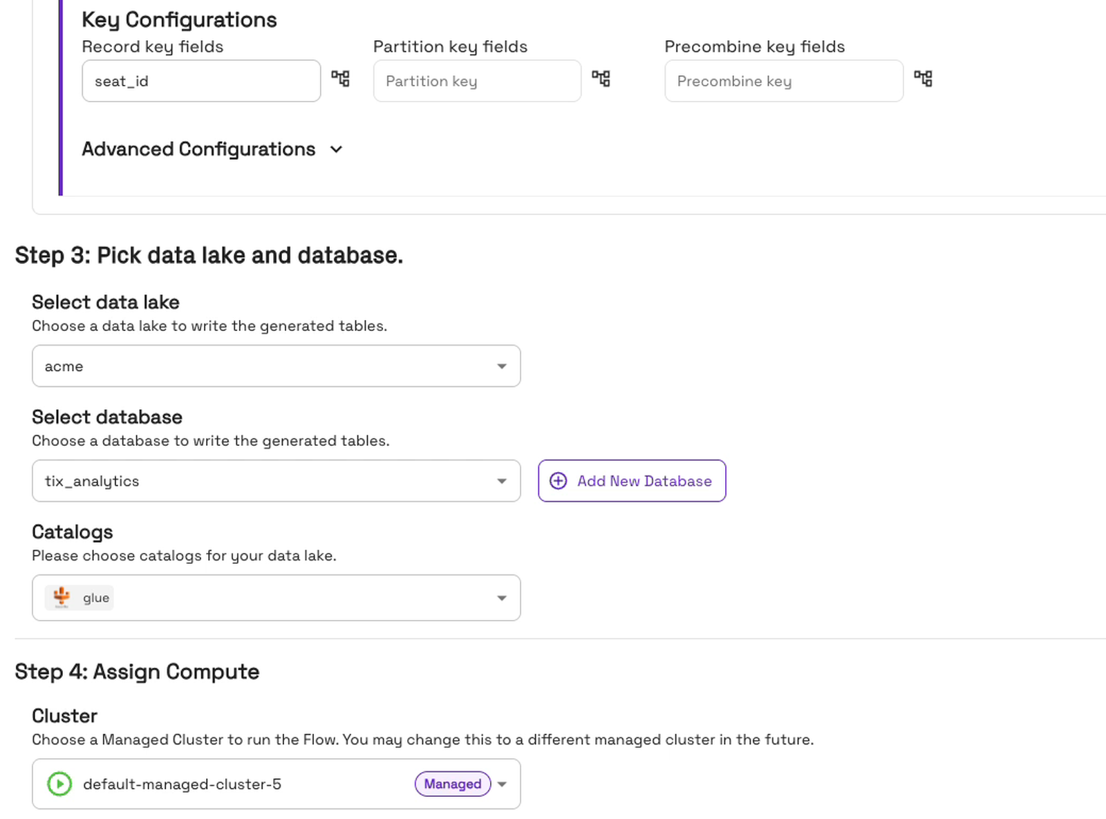 Destination: data lake, the tix_analytics database, the Glue catalog and the managed cluster