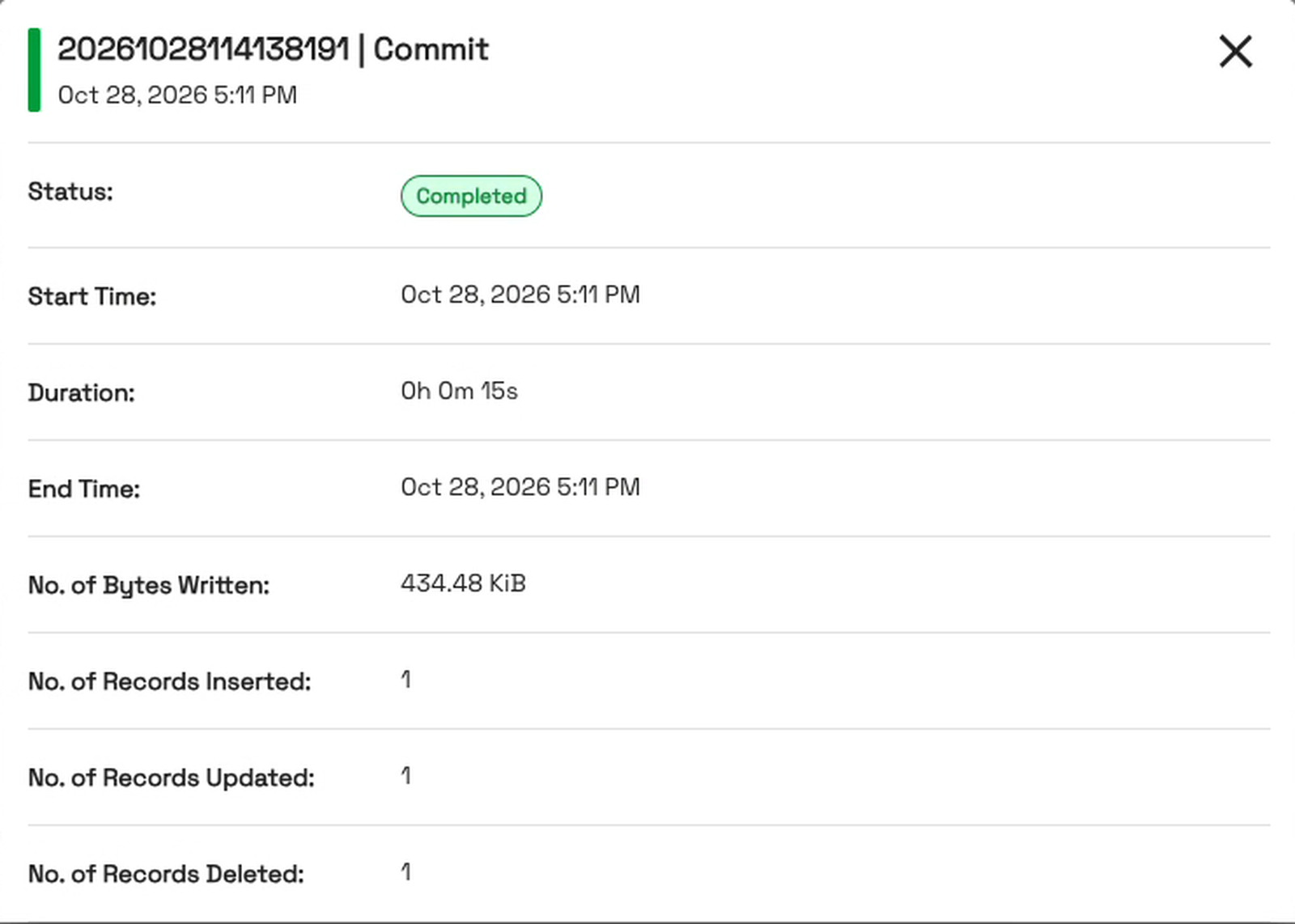 Commit details: 1 record inserted, 1 updated, 1 deleted