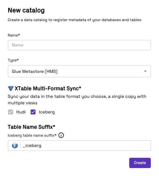 The Onehouse console form for adding a catalog, with XTable multi-format sync enabled.