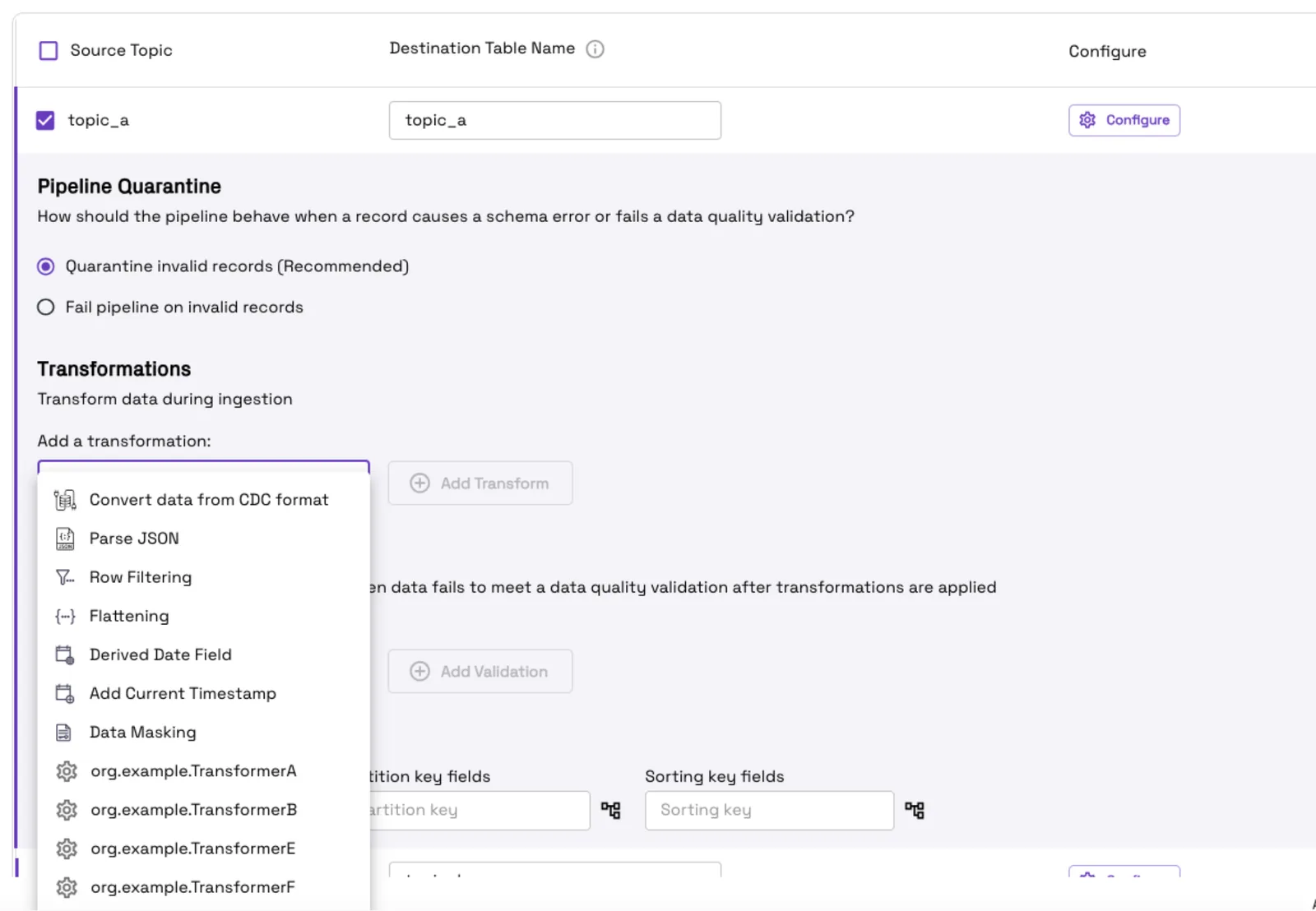 The Flow creation form in the Onehouse console, with transformations being added and a quarantine option being selected.