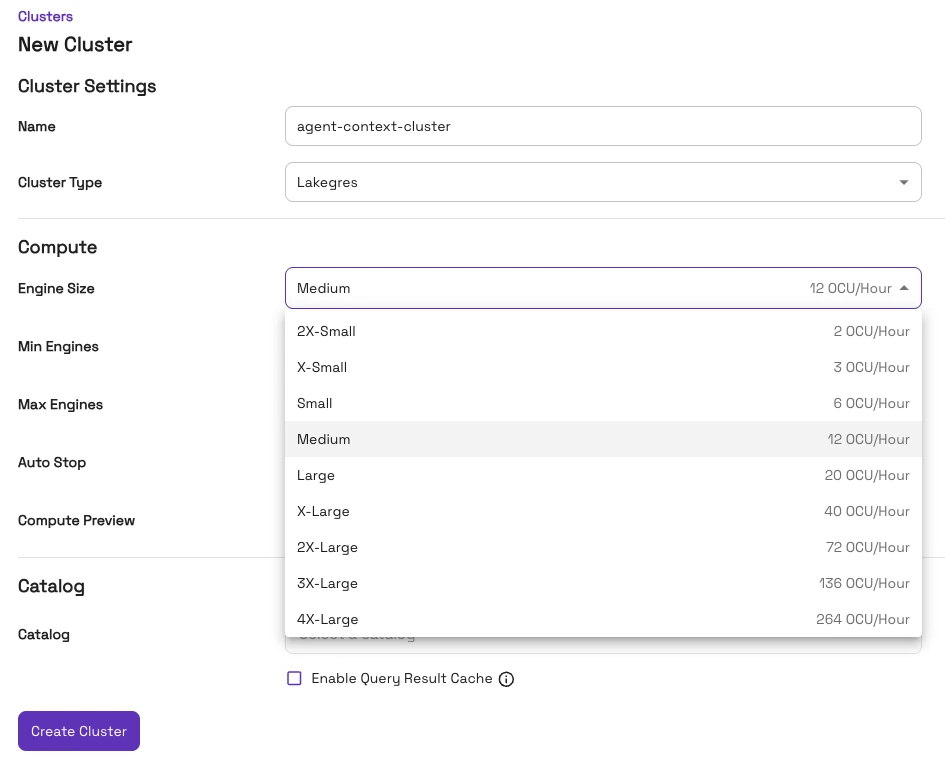 The New Cluster form for a Lakegres cluster in the Onehouse console, with the engine size dropdown open: 2X-Small at 2 OCU per hour through 4X-Large at 264 OCU per hour, plus min and max engines, auto stop, compute preview, catalog, and an option to enable the query result cache.