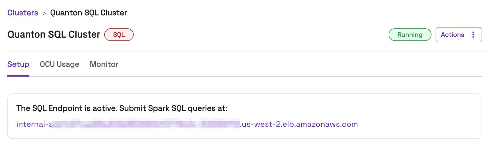A running SQL cluster in the Onehouse console, showing its JDBC endpoint.