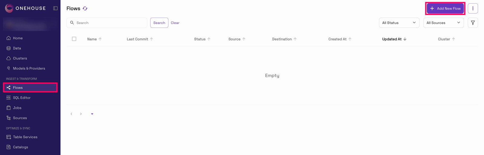 The Flows page: Flows in the left nav and the Add New Flow button