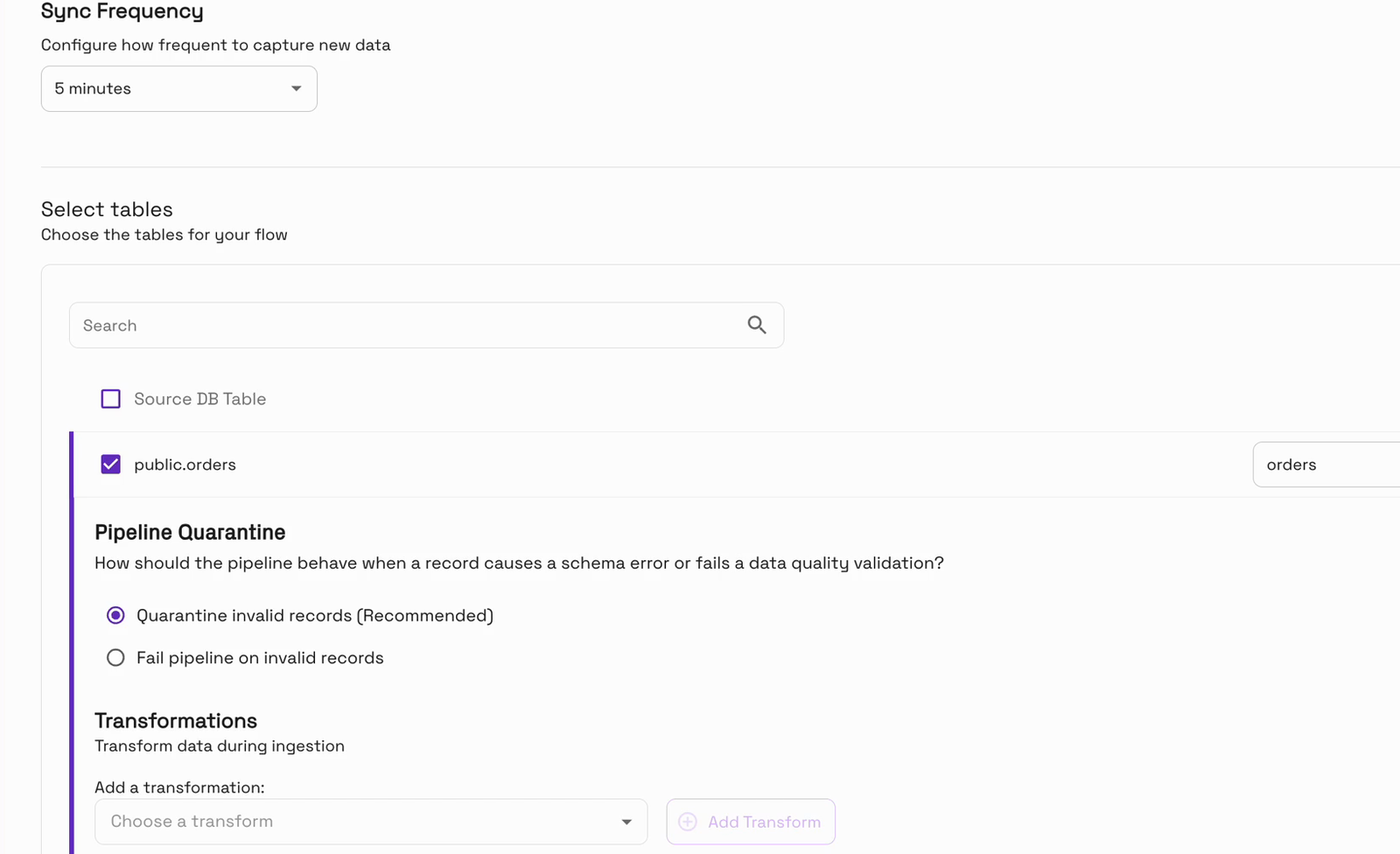 Table configuration: Pipeline Quarantine and transformations
