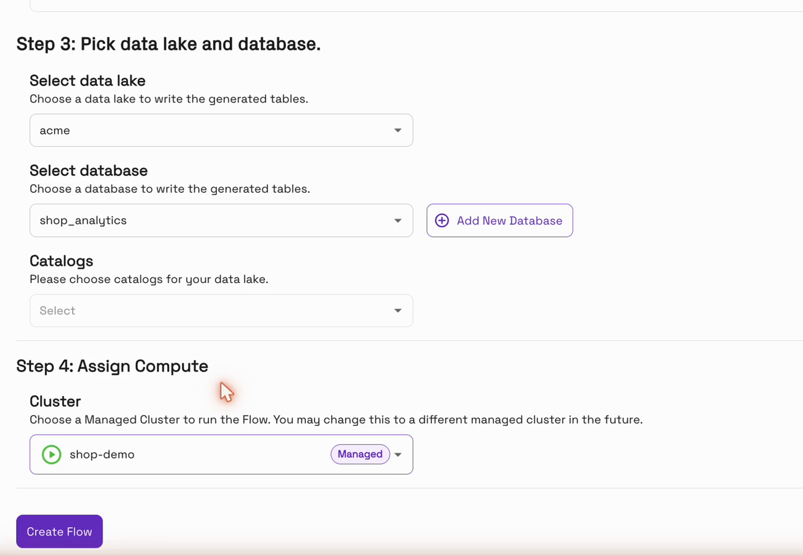 Destination database and managed cluster
