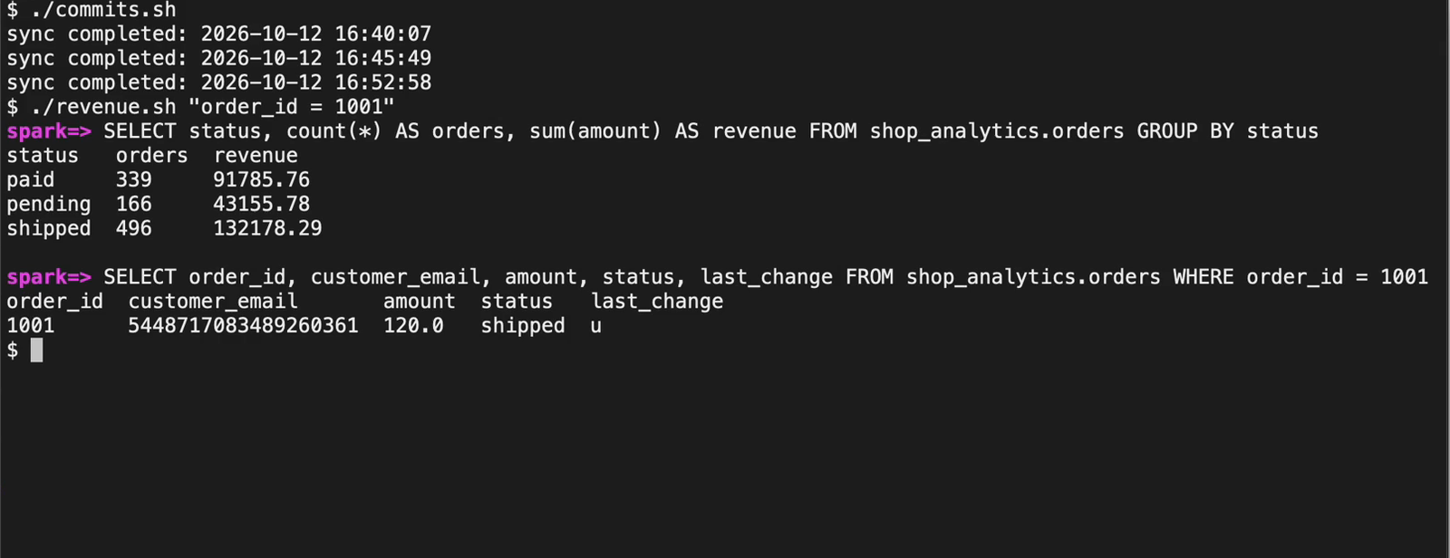 Spark after the update: paid down, shipped up, order 1001 marked u