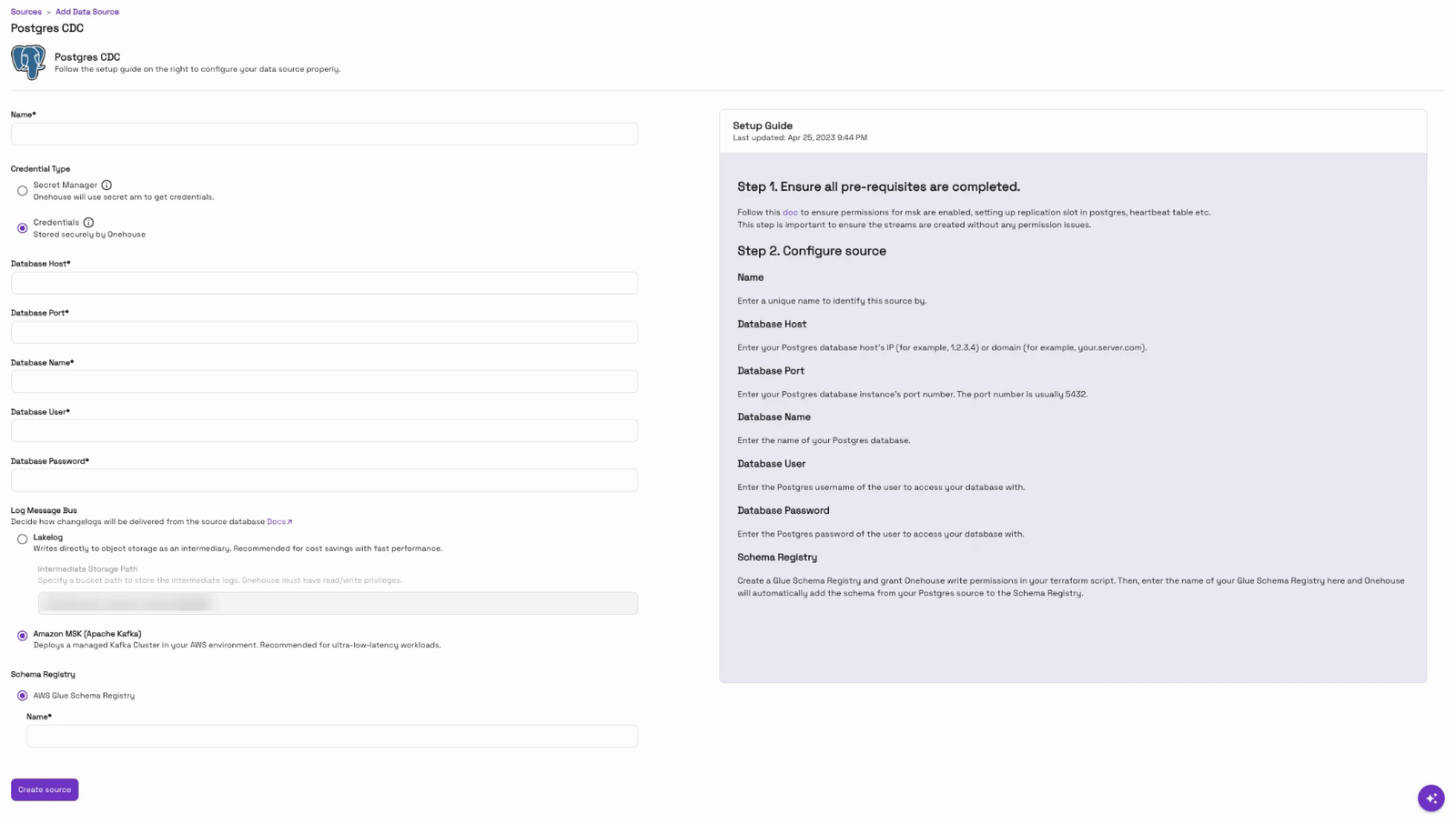 The Postgres CDC source form
