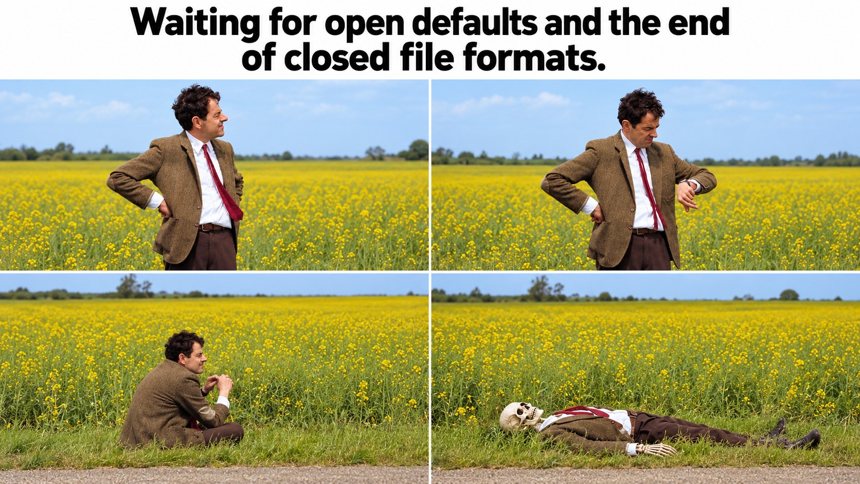 Four panels of a man in a tweed jacket and red tie waiting at the edge of a yellow field: standing, checking his watch, sitting down, and finally a skeleton in the same jacket lying in the grass. Caption: Waiting for open defaults and the end of closed file formats.