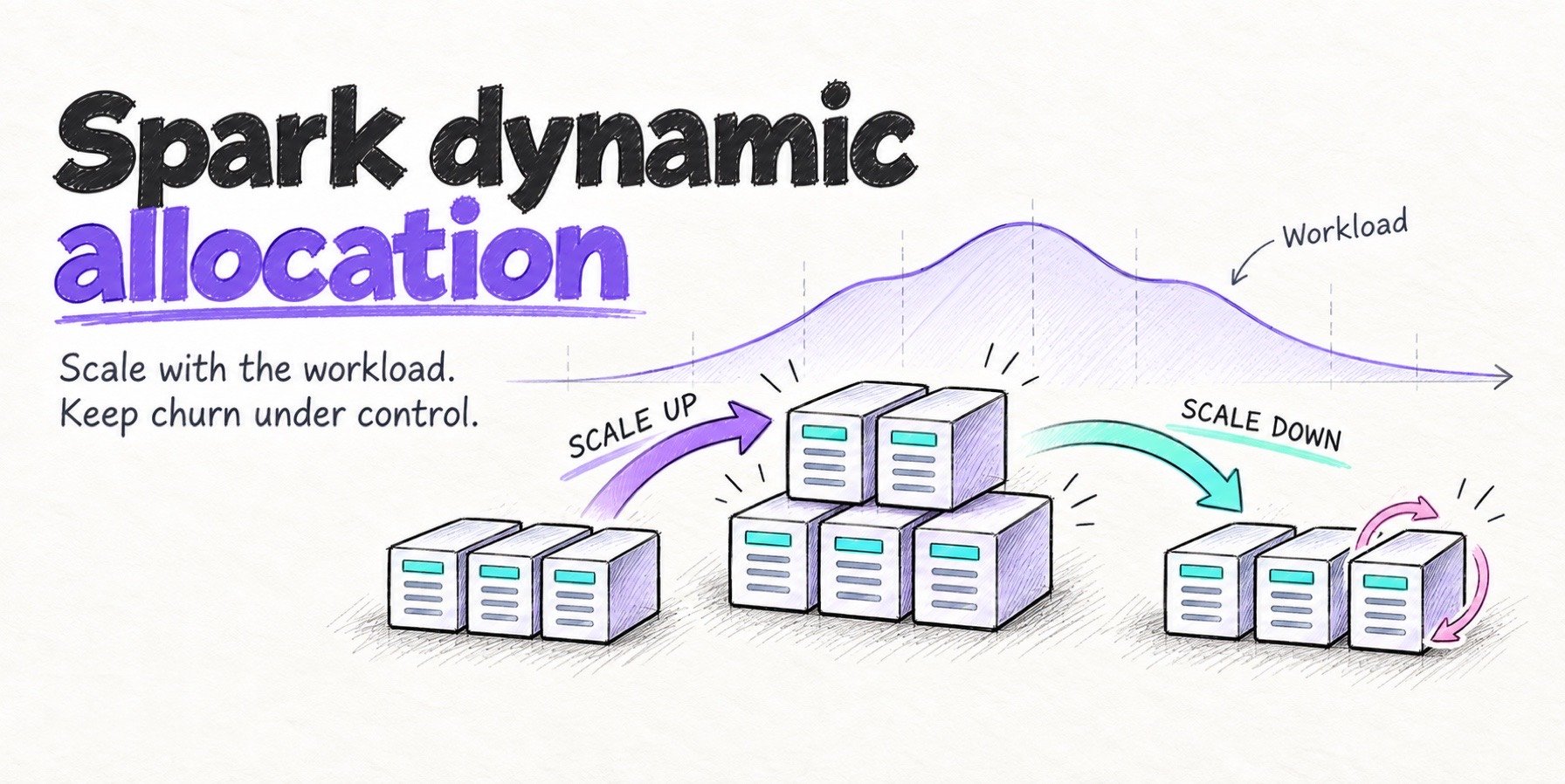 Spark dynamic allocation: scale with the workload, keep churn under control. Executor stacks scale up and down under a workload curve.