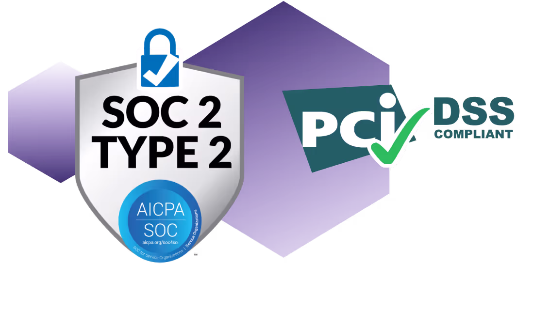 A purple shield with the words soc2 type 2 and a blue shield with the.