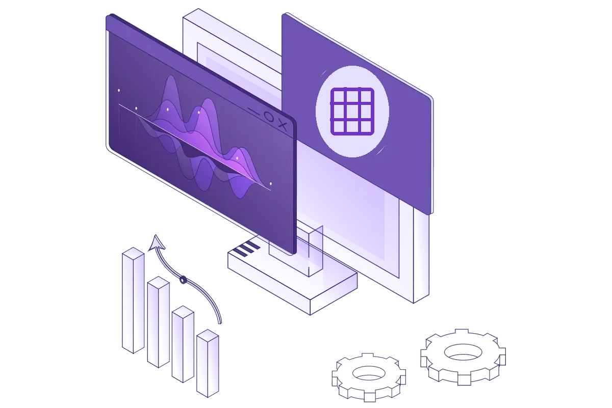 Isometric illustration of managed open table formats on Onehouse: a monitor showing a data throughput chart, a second screen with a table icon, a rising bar chart and two gears for compaction and clustering.