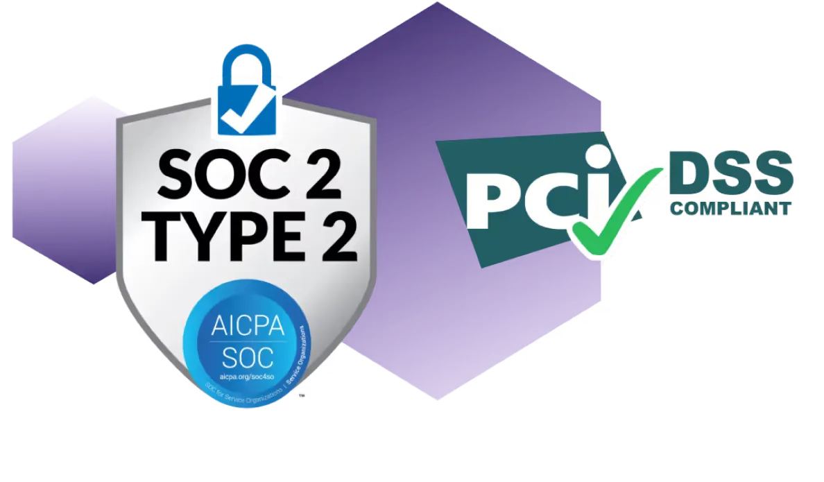 A purple shield with the words soc2 type 2 and a blue shield with the.